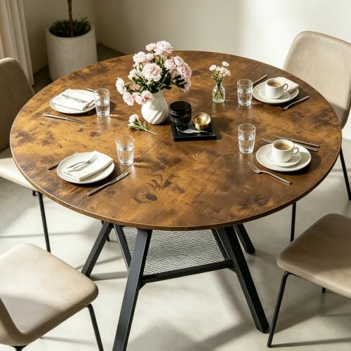 Blishom Tavolo da Pranzo Rotondo per 4-6 Persone, Tavolo da Cucina Industriale con Ripiano a Rete, Tavolo in Legno Salvaspazio per Sala da Pranzo e Cucina (Retrò, 100cm)