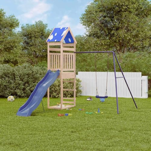 YunCangg Torre de juego de madera maciza de pino con tobogán ondulado y columpio, juguete de jardín para niños de 3 a 8 años con caja de arena y escalera de madera, marco de escalada al aire libre