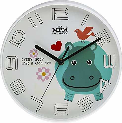 MPM - Reloj de Pared Infantil de plástico, diseño de hipopótamo, Color Blanco y Colorido, Ideal para habitación Infantil, Motor Paso a Paso de Cuarzo, para niños y niñas