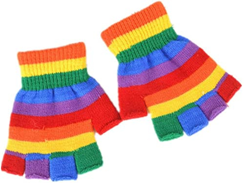 Aeromdale Children Kids Winter Knitted Full Half Finger Gloves Rainbow Colorful Striped Boys Girls Harajuku Outdoor Windproof Mittens 5-15 Years Old 1 Pair - # B