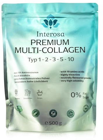 INTEROSA Collagen Pulver 500 g - Multi Kollagen Complex 5 Typen: 1, 2, 3, 5, 10 - hochwertige Eierschalenmembran Peptide - geschmacksneutral