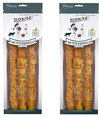 Dokas Dog Snack 1 m Kaurolle für Hunde aus Rinderhaut mit Huhn - Doppelpack - 2 x 315g