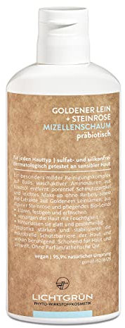 Sanfte Gesichtsreinigung MIZELLENSCHAUM LICHTGRÜN® 150 ml | Hochverträglich mit Bio-Lein, Bio-Steinrose, Präbiotika | 95,9% Natürlich, Vegan, Sulfat- & Parfümfrei, Phyto-Wirkstoffkosmetik