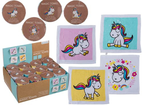 Palleon - Set di 12 asciugamani magici in cotone | Asciugamani con splendidi motivi – Dinosauri, unicorni, animali, calcio e altro | 100% cotone | Perfetto regalo e souvenir per bambini (unicorno)