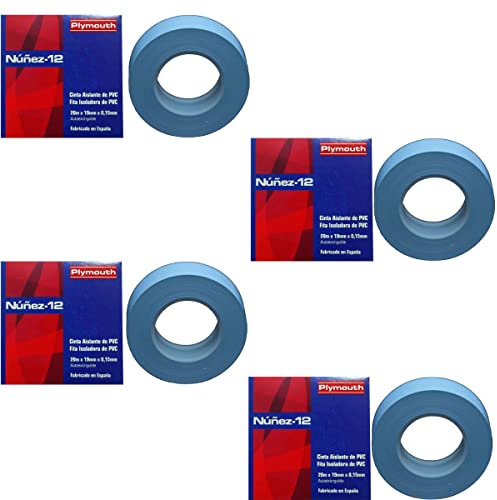 RASMACOR | Pack 4 unidades Cinta aislante Azul de PVC Nuñez-Plymouth 5083 | 20m x 19mm x 0,15mm | Autoextinguible | Para todo tipo de aplicaciones mecánicas y eléctricas
