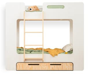 SMARTWOOD Kinderbett Mimi DL - Leiter Links Etagenbett 90x200 mit Lattenrost und Rausfallschutz - Kinderbett mit schubladen - Montessori Bett mit Rausfallschutz und Lattenrost - Weiß 90x200cm