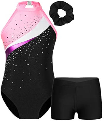 TTAO Gymnastikanzug Kinder Mädchen Ärmellos Turnanzug Tanz Gymnastikbody mit Haarband und Shorts Gymnastik Training Dancewear A Schwarz&Pink 134-140