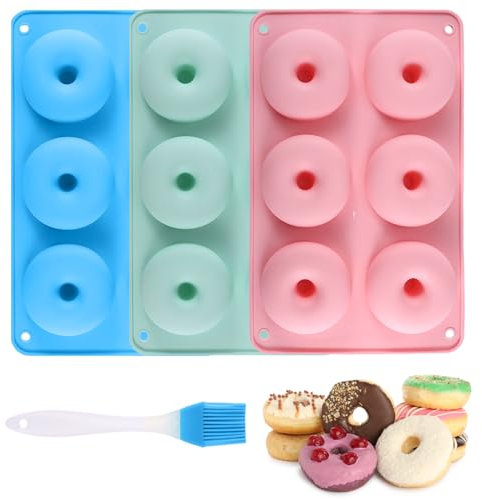 AYNKH Silikon-Donut-Maker, 3 Stück Silikon-Donut-Formen, Donut-Silikon-Backformen, groß, antihaftbeschichtet, 6 Mulden, Donut-Blech, Keks-Donut-Maker, Backgeschirr, Backwerkzeug, mit Pinsel