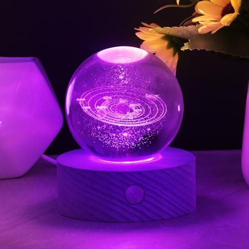 HOTUT Lampada Sfera di Cristallo 3D Con Sistema Solare, Luce Notturna a LED 7 Colori, Base Ricaricabile USB, Decorazione Regali per Bambini