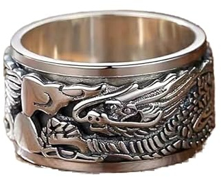 Mnyixsi 925 Sterling Silver Dragon Cool Ring for Men, Norse Viking Punk Biker Ring, Handmade Carved Dainty Rotatable Animal Ring, Vintage Dragon Promise Statement Band Ring Size 11
