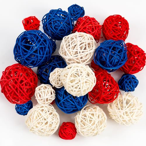 GuassLee 24pcs 4th of July Patriotic Decorative Balls Rattan Decoration - Red Blue White Balls with Different Sizes for Independence Day Home Decor Craft Vase Bowl Filler Table Party Supplies Decor
