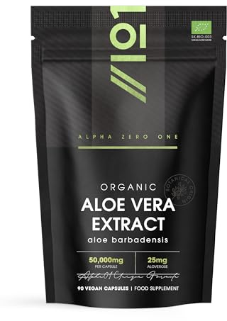 Organic Aloe Vera Extract 50,000mg - Standardised 25mg Aloveros Supplement - 90 Vegan Capsules (3 Months Supply) - Resealable and Recyclable Pouch by Alpha01