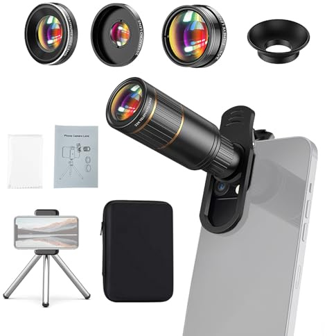 Andoer 4-i-1 telefonkameralinssats med 22X telefotoobjektiv, 205° fisheye-lins, 4K 0,67X vidvinkelobjektiv, 25X makroobjektiv, linsklämma och kant för telefon och ministativ