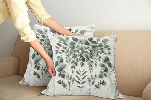ABAKUHAUS Kissenbezug 2er-Pack, Moderner Trauerkranz Look Zweige auf einfachem Marmor Print, Kissenhülle mit Reißverschluss Beidseitiger Druck, 45 x 45 cm, Elfenbein Laurel Grün