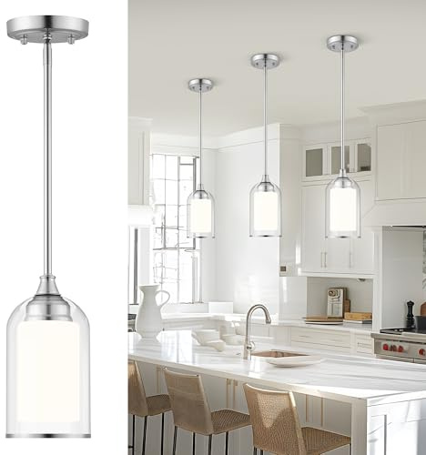 LIROUVET Modern Pendant Lights - Dual Glass Pendant Lights Kitchen Island, Brushed Nickel Hanging Lamp with Clear and Milk Glass, 1=Light Pendant Lighting for Kitchen, Dining Room, PL02BN