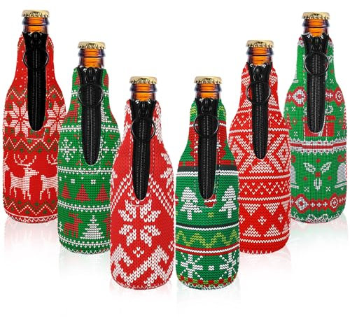JarThenaAMCS 6Pcs Christmas Beer Bottle Jacket Sleeve Ugly Sweater Neoprene Bottle Insulator Cover Red Green Thermocoolers Zip-Up Bottle Cooler for Xmas Winter Party, 2.8 x 7.7 In