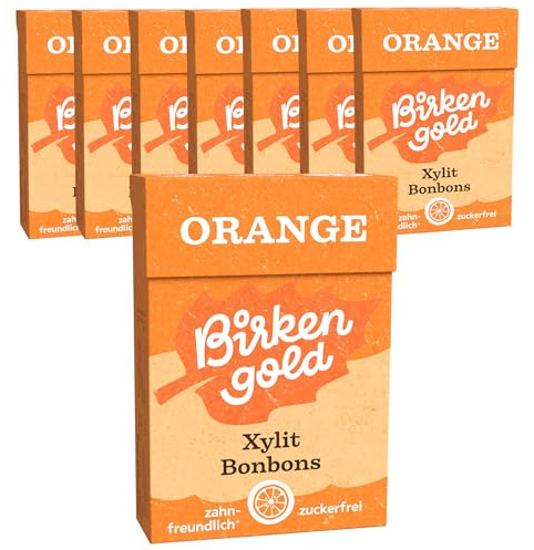 Birkengold Xylit Bonbons Orange zuckerfrei | 8x30 g | zahnpflegend | zuckerfrei | vegan | mit 100% europäischem Xylit | natürliche Zutaten