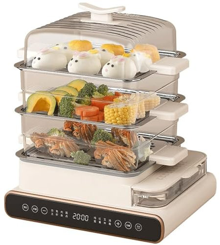 Cuiseur vapeur électrique à 3 niveaux, multicuiseurs 20 L, cuiseur vapeur avec écran tactile et minuterie de 24 heures, vapeur rapide 5 S, réservoir d'eau, protection contre l'ébullition à sec