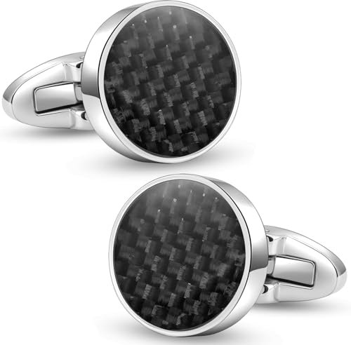 HONEY BEAR Herren Kohlefaser Manschettenknöpfe Rund Hochzeit Cufflinks Manschettenknopf Schwarz