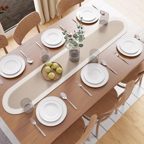 Encasa XO Camino de Mesa | Estilo Acanalado Hecho a Mano en Algodón | 30x137 cm | Beige y Blanco Roto | para Mesas de Centro y de Café