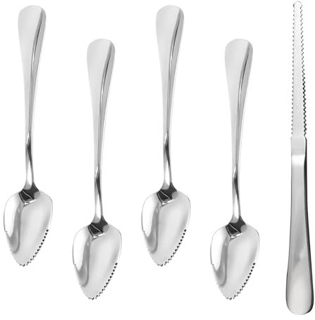 4 Pack Grapefruit Spoons and 1 Grapefruit Knife, Stainless Steel Serrated Spoon, Dessert Spoons, for Berry Lemon Salads Pitaya, Silver