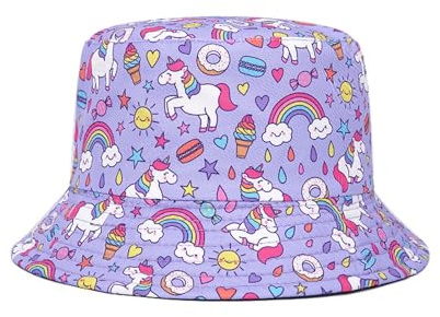 QKURT Kids Sun Hat, Children Sun Protection Bucket Hat Reversible Beach Cap Fishing Hats Summer Fisherman Hats with Unicorn for Outdoor Play for Girls 2-8 Years Old
