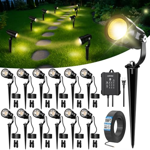HIBOITEC 12PCS Gartenbeleuchtung Set mit 65W Transformator, 30m Kabel &12 Verbinder, Fotozelle Sensor Strahler Außen, Gartenstrahler Led außen Wasserdicht, 2700K Timer Gartenlampen für Rasen, Wege