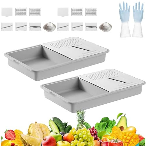 Lot de 2 planches à découper multifonction 6 en 1 avec couvercles et râpes - Égouttoir à râpe intégré, facile à nettoyer, pour trancher, déchiqueter et meuler les cuisines