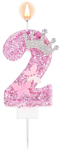 Candela di Compleanno Rosa con Numero, Corona Scintillante Farfalla Scintillante Paillettes Decorazione per Torta per Feste di Compleanno Matrimoni Anniversari Celebrazioni (Numero 2)