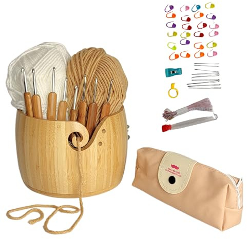 Branboo Garnschale für Wolle mit Häkelzubehör und Häkelnadeln aus Bambus extra groß Strickzubehör Wolle Aufbewahrung – Geschenk für Strickerinnen & Häkelfans Stricken Häkeln Amigurumi Weihnachten