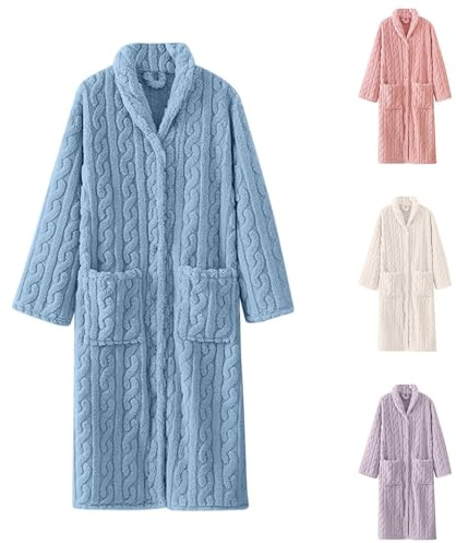 Morgonrock, dam, långärmad badrock dam, frotté, lång utan huva, morgonrock vinter, pyjamas, varm basturock, mysig loungewear, flanell, myskläder med fickor, pyjamas med knappar, nattkläder, Vit, L