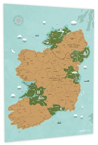 Uncover Maps Carte à gratter de l'île d'Irlande – Poster de voyage A2 avec monuments illustrés – Accessoire unique pour camping-car, carte de classe ou cadeau d'art mural
