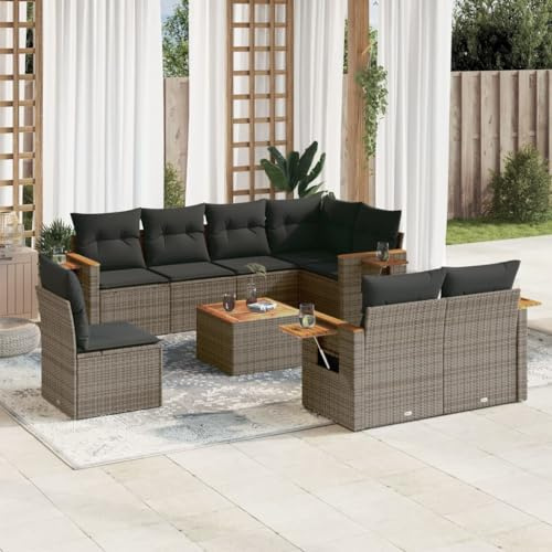 JHQHSM Set di 9 divani da giardino con cuscino grigio polyrattan, design modulare con rivestimenti rimovibili, piano in legno di acacia stabile e pratici ripiani pieghevoli