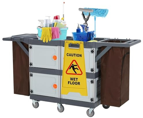 RBFGYIOP Carrello per pulizie commerciale con 4 armadietti - Carrello per pulizie nero con coperchio, ripiani, carrello di servizio e borsa in vinile