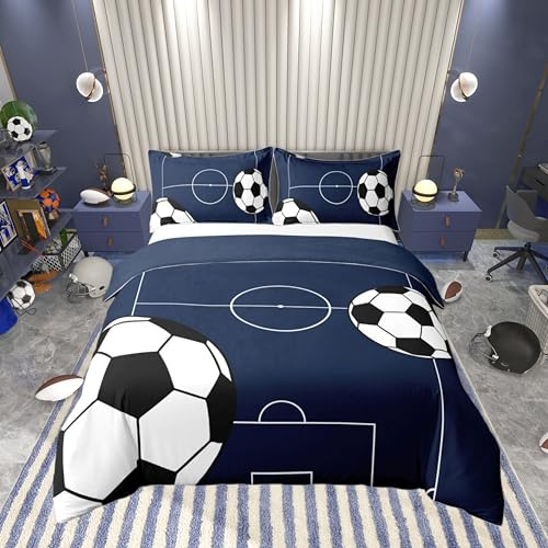 Castle Fairy Football 100% Cotton Duvet Cover Set Kids Soccer Sports Theme Comforter Cover Set (Not Comforter) Dark Blue Ball Gaming Bedding Set Queen Size 3 Pcs