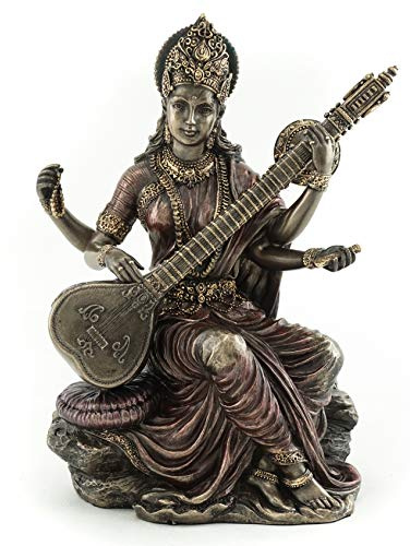 Top Collection Estatua Saraswati, Escultura de la Diosa hindú de la música y la sabiduría en Bronce Fundido en frío de Primera Calidad, Figura de meditación Coleccionable de 5.75 Pulgadas de Asia