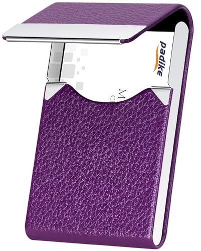 Padike PU Leather Business Card Holder for Women Slim Pocket Business Name Card Holder Stainless Steel Business Card Case with Magnetic Shut (Purple)