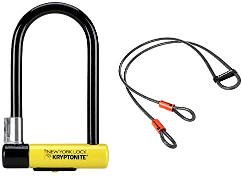 Kryptonite New York Lock Standard (10x20cm) Fahrradschloss, Yellow, 10 x 20 cm & Schlaufenkabel Krypto Flex 120 cm, ⌀10 mm, grau