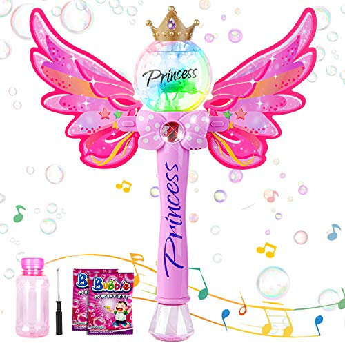 Sundaymot Machine Bulles Baguette Magique de Fée, Savon Enfant, Jouet Pistolet avec Musique et Lumières, Jeux Bubble Portable pour Les Filles