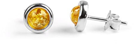 Sterlingsilver runda örhängen bärnsten, baltisk bärnsten små runda smycken, barns modeörhängen, baltisk gul bärnsten örhängen för tonåringar och kvinnor, gula örhängen