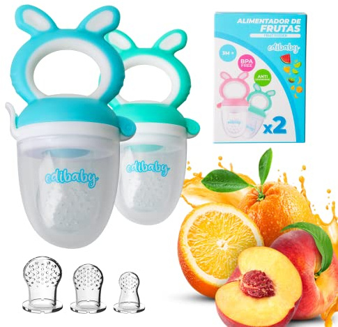 Edibaby, Chupete Fruta Bebe, Alimentador Antiahogo Bebe, Mordedores Bebe, 2 Chupetes + 4 Tetinas Pacifiers de Silicona sin BPA, Juguete Para Niños Dentición (Azul y verde)