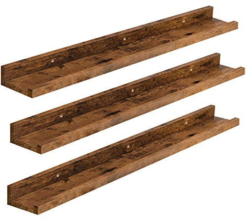 HOOBRO Floating Shelves, Wall Shelf Set of 3, 35.4 Inches Hanging Shelf with Raised Edge and Invisible Brackets, for Bathroom, Bedroom, Kitchen, Office, Living Room Decor, Rustic Brown BF90BJ01