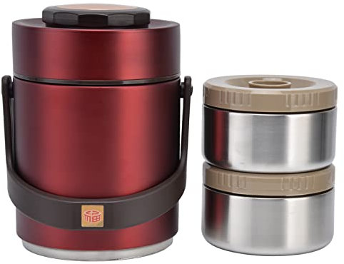 Jenngaoo Fiambrera al Vacío de 1500ml, Tarro de Comida Aislado de Acero Inoxidable 304 de 2 Niveles, Contenedor Térmico para Almuerzo para Adultos para Comida Fría o Caliente(Rojo)