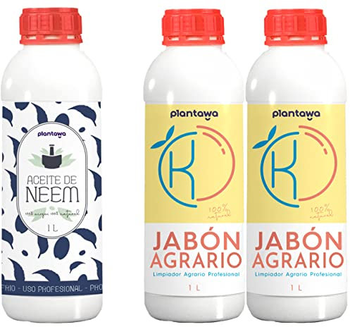 PLANTAWA Jabón Potásico 2x1L + Aceite de Neem 1L | Solución Multiusos | Fácil Aplicación y Máxima Eficacia | Versátil | Uso en Interior y Exterior | Productos de origen natural