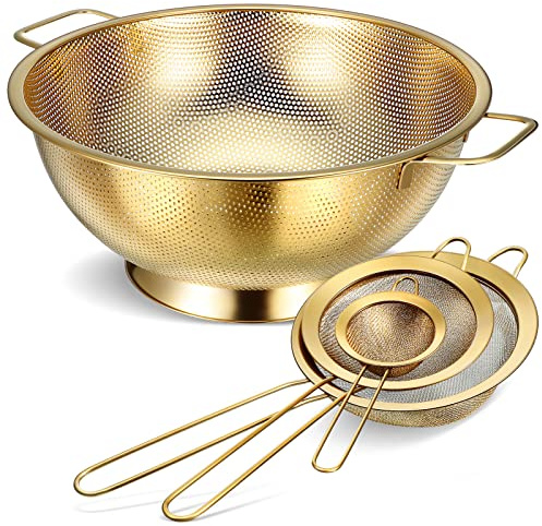 Norme 5 Quart Stainless Steel Gold Colander and 3 Pcs Gold Fine Mesh Strainer, Stainless Steel Pasta Rice Food Metal Strainer with Handles, Easy Clean and Dishwasher Safe