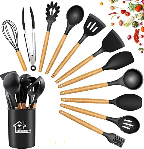Kitchen Utensils Set, 12 PCS Silicone Cooking Utensils Set Gadgets for Cooking, Non Stick Wooden Handle Silicone Kitchen Cooking Utensils Sets Cookware