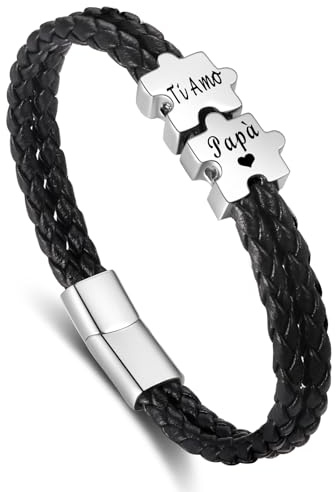 Gkmamrg Festa del Papà Bracciale in pelle regalo, Regali per il Papà Natale - Papà Regalo di compleanno Pelle Bracciale nera, in vera pelle intrecciata, con chiusura magnetica