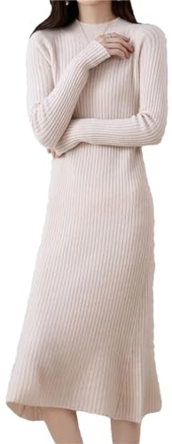 Damtröja ullklänningar höst vinter solid stickad långa avslappnade varma tröjor, BEIgE, XL