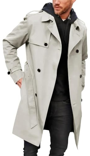 Runcati Manteau Trench à double boutonnage pour homme - Long revers - Veste d'affaires avec ceinture, gris, XL