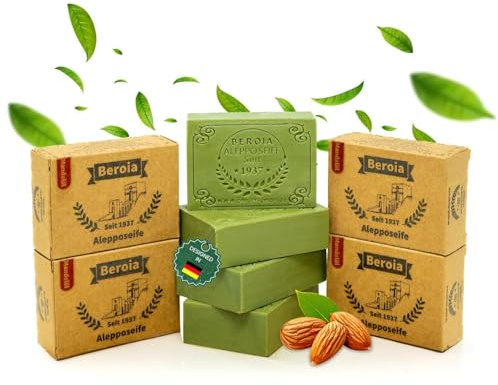 Beroia® Originale Aleppo Seife 4x 125g traditionell & handgemachte Duschseife für Haut & Haar | Olivenölseife Handseife Stückseife Naturseife Naturkosmetik | vegan | Mandelöl